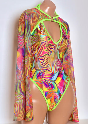 Mesh Shrug with Flare Sleeves and Center Ring in Acid Swirl with Neon Green Trim