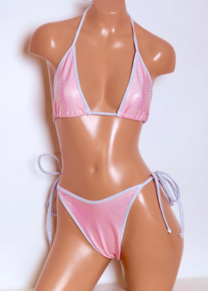 Hologram Triangle Bikini Top and Tie-Side Bottoms in Pink Snakeskin with White Trim