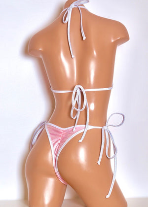 Hologram Triangle Bikini Top and Tie-Side Bottoms in Pink Snakeskin with White Trim