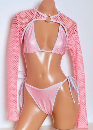 Shrug with Center Ring in Pink Diamond Mesh with White Hologram Trim