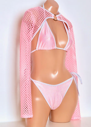 Shrug with Center Ring in Pink Diamond Mesh with White Hologram Trim