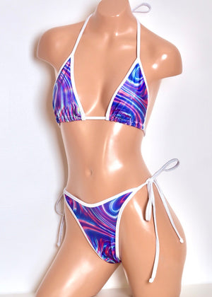 Hologram Triangle Bikini Top and Tie-Side Bottoms in Blue Swirl with White Hologram Trim