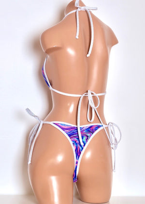 Hologram Triangle Bikini Top and Tie-Side Bottoms in Blue Swirl with White Hologram Trim