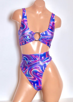 Hologram Highcut Thongback Bikini Bottoms in Blue Swirl