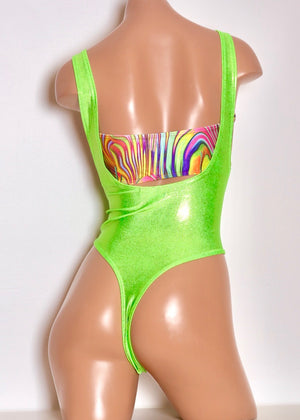 Hologram Suspender Thongback Swimsuit in Lime Green