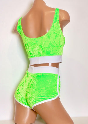 Jogger Shorts Set with Sport Tank in Neon Green Crushed Velvet