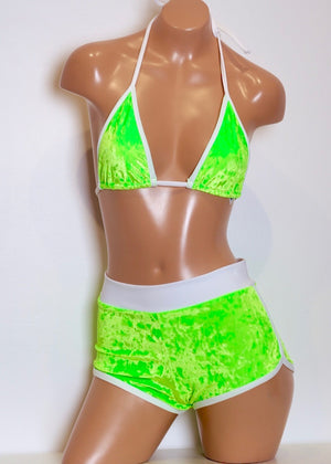 Sporty Triangle Bikini Top in Neon Green Crushed Velvet