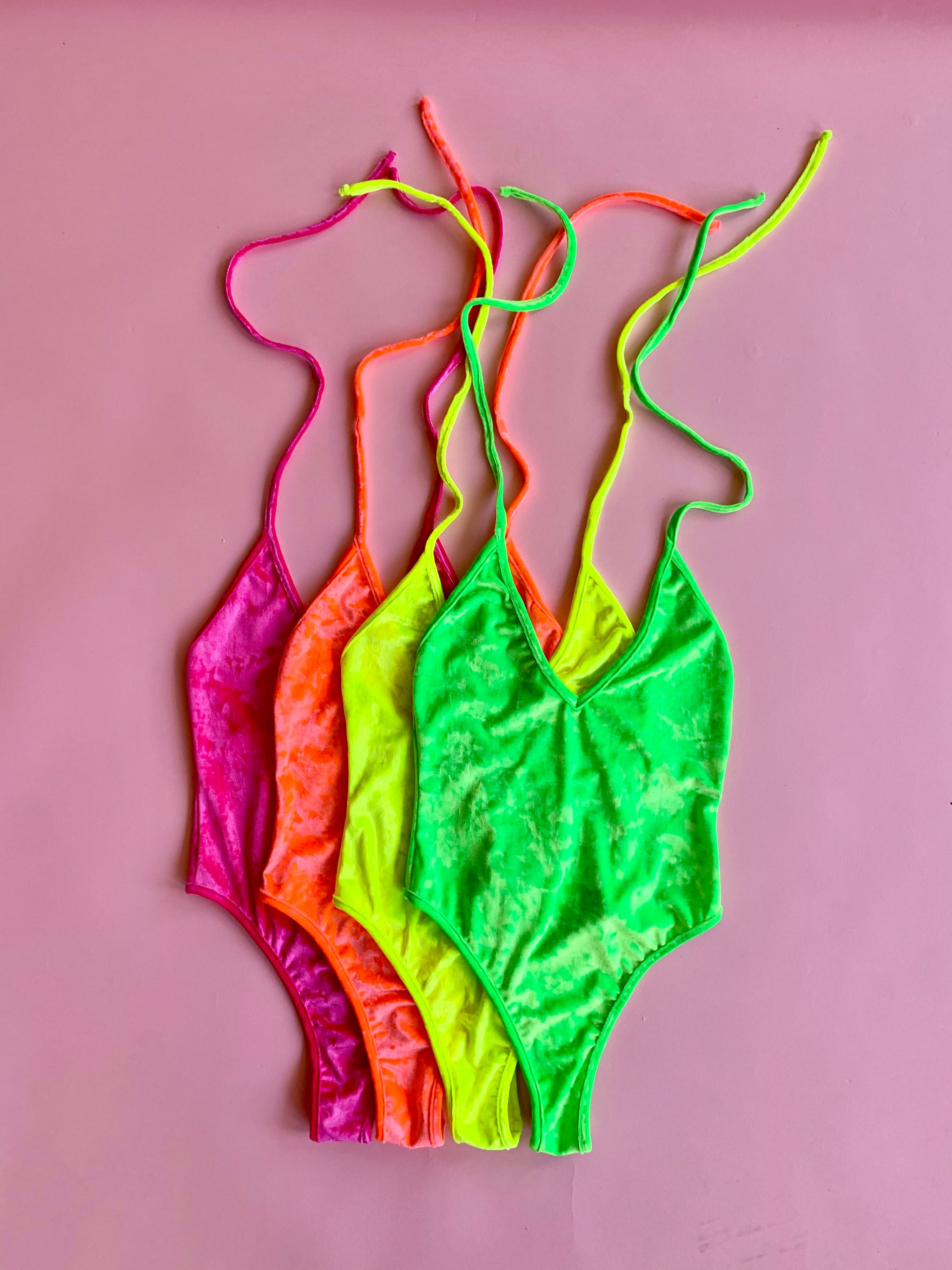 Neon Crushed Velvet High Cut Halter Bodysuit in Coral - The Sugarpuss  Collection