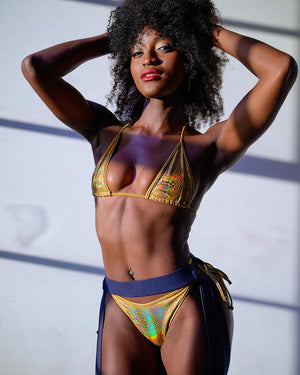 Hologram Bikini Set with Triangle Bikini Top and Tie-Side Thong in Gold Snakeskin