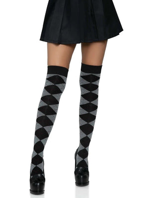 Argyle Plaid Over The Knee Knit Socks in Black and Grey