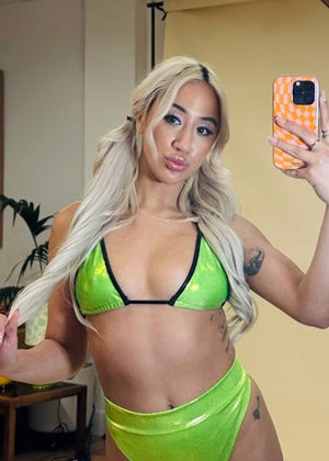 Hologram Triangle Bikini Top in Lime with Black Trim