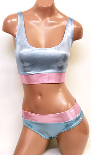 Hologram Sporty Tank and Lowrise Cheeky Bottoms Set in Baby Blue and Pink