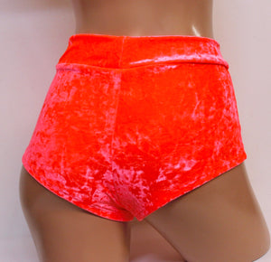 Neon Crushed Velvet Highwaist Cheeky Shorts in Coral