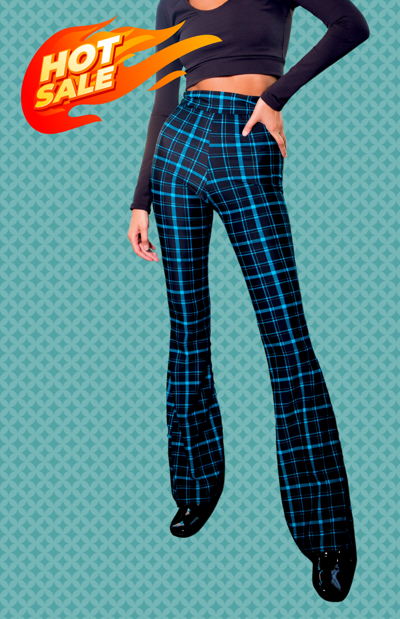 Retro Plaid Highwaist Bell Bottom Pants in Black and Turquoise
