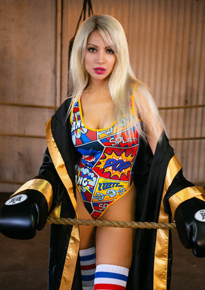 Pop Art Onepiece Thong Swimsuit in Comic Book Print with Yellow Trim