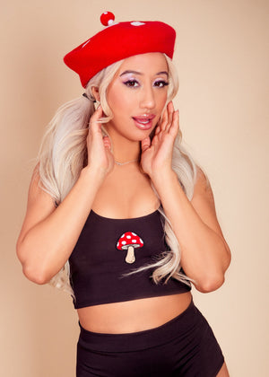 Crop Tank with Mushroom Patch in Black