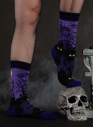 Retro Halloween Haunted House Crew Socks