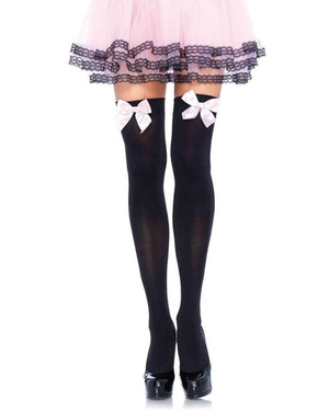 Opaque Bow Thigh High Stockings in Black with Lt Pink Bows