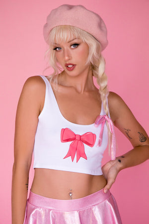 Pink Bow Crop Tank in White