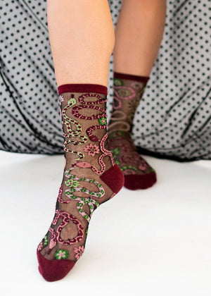 Serpentine Floral Black Sheer Crew Sock