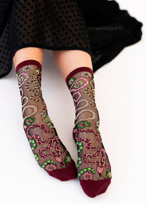 Serpentine Floral Black Sheer Crew Sock