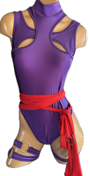 Purple lycra bodysuit with cut-out design and red belt on a mannequin against a white background, Psylocke Marvel Rivals