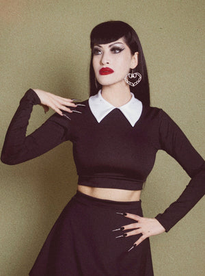 Gothic Darling Long Sleeve Crop Top with White Collar