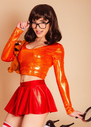 Brains of the Mystery Gang Hologram Scoopneck Long Sleeve Top in Orange