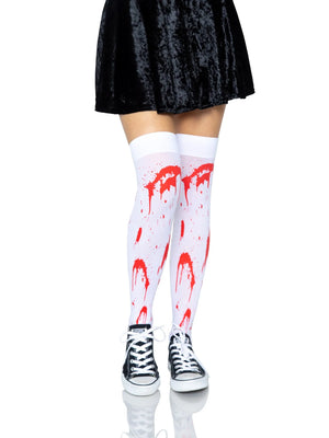 Zombie Thigh High Stockings in White with Red Splatter