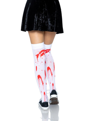 Zombie Thigh High Stockings in White with Red Splatter