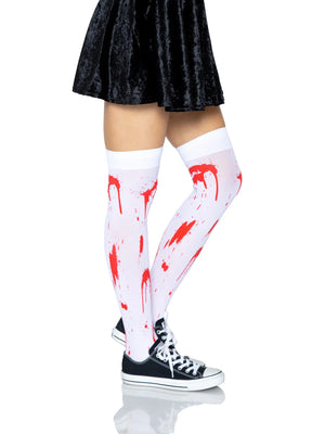 Zombie Thigh High Stockings in White with Red Splatter