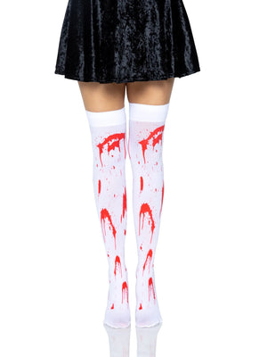 Zombie Thigh High Stockings in White with Red Splatter