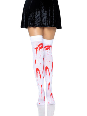 Zombie Thigh High Stockings in White with Red Splatter