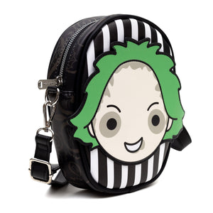 Horror Movies Cross Body Bag with Adjustable Strap, Beetlejuice Chibi Face Applique, Vegan Leather Stripe Black White,