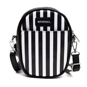 Horror Movies Cross Body Bag with Adjustable Strap, Beetlejuice Chibi Face Applique, Vegan Leather Stripe Black White,