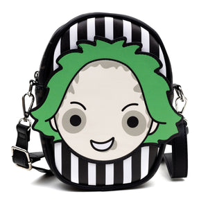 Horror Movies Cross Body Bag with Adjustable Strap, Beetlejuice Chibi Face Applique, Vegan Leather Stripe Black White,