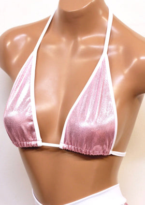 Sporty Bikini Top in Baby Pink Hologram with White Trim