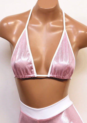 Sporty Bikini Top in Baby Pink Hologram with White Trim