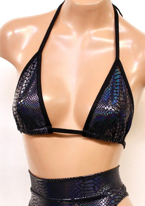 Hologram Triangle Bikini Top in Gunmetal Snakeskin