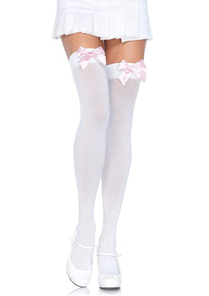 Opaque Bow Thigh High Stockings in White with Light Pink Bows