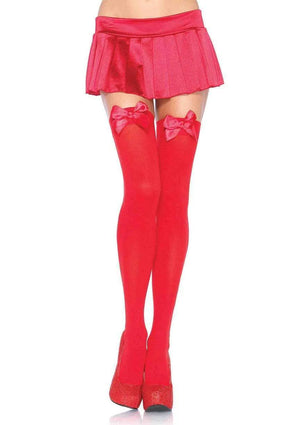 Opaque Bow Thigh High Stockings in Red with Red Bows