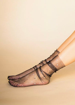 Tulle Anklet Socks with Stars and Moon in Black
