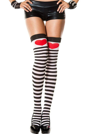 Opaque Stripe Thigh High Stockings in Black and White with Red Hearts