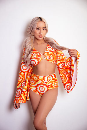 Disco Ring Top with Flare Sleeves in Orange Retro Flowers