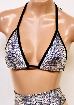 Hologram Triangle Bikini Top in Silver Snakeskin