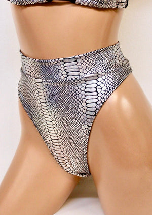 Hologram Highcut Thong Bikini Bottoms in Silver Snakeskin