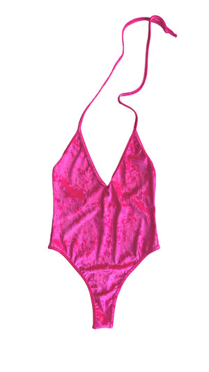 Neon Crushed Velvet High Cut Halter Bodysuit in Pink
