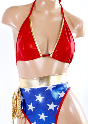 Star Superheroine Red Metallic Bikini Top with Gold Accent