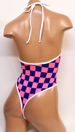 Highcut Halter Bodysuit in Pink and Blue Checkers
