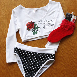 'A Touch of Class' 3/4 Sleeve Crop Top with Red Rose